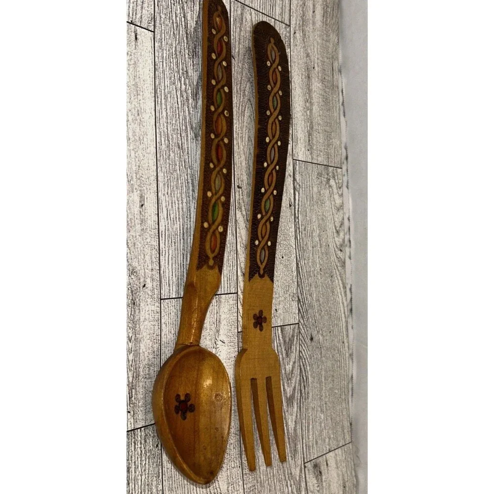 Hand Carved & Painted Wood Small Serving Fork & Spoon Set with Flowers